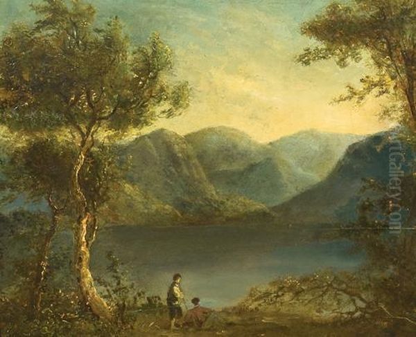 Figures Resting Under Trees By A Lake, With Mountians Beyond Oil Painting by Richard Wilson