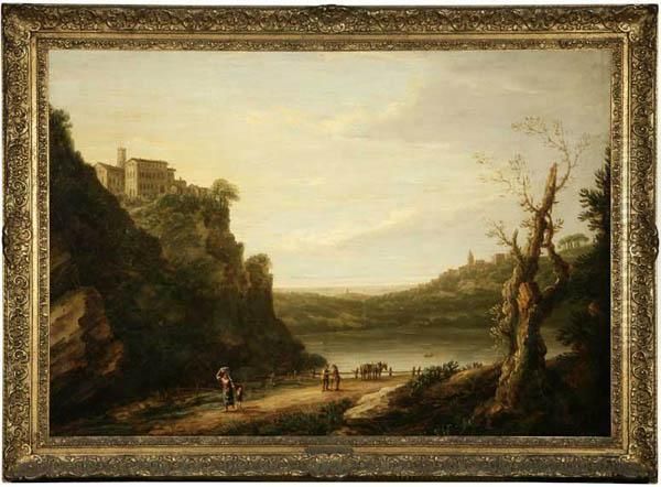 Figures In An Italianate Landscape With A Distant Hillside Village Oil Painting by Richard Wilson