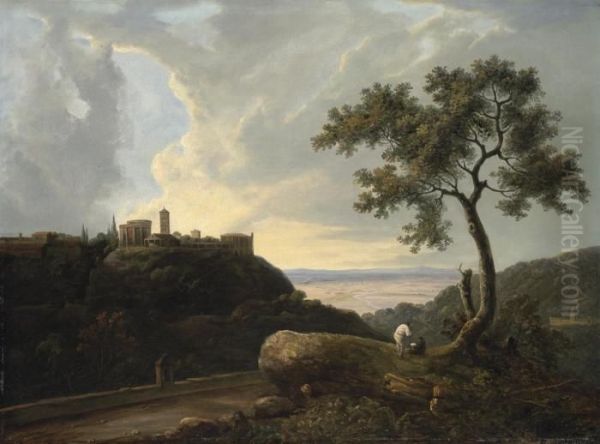 An Extensive Classical Landscape
 With An Artist Sketching The Temple Of The Sibyl And The Temple Of 
Tiburtius, Tivoli Oil Painting by Richard Wilson