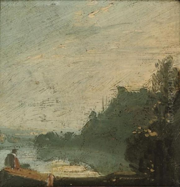 A Wooded River Landscape With A Figure On The Bank: A Sketch Oil Painting by Richard Wilson