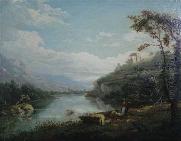 Washerwomen In Classical Landscape Oil Painting by Richard Wilson