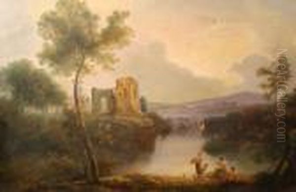 A Classical Landscape With Figures Gathered Around A Flautist, A Ruin Beyond Oil Painting by Richard Wilson