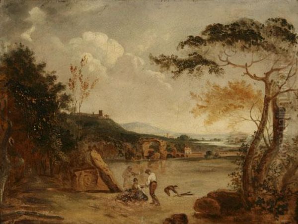 Figures In An Italianate Landscape Oil Painting by Richard Wilson