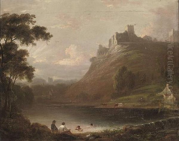 A Wooded River Landscape With A 
Ruined Castle On A Hill, Figures Bathing In The Foreground, And A Town 
Beyond Oil Painting by Richard Wilson