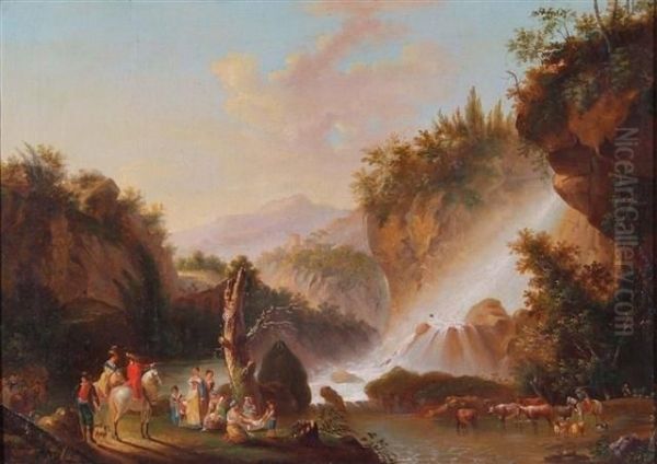 Anextensive Mountainous Landscape With Travellers And Waterfall Oil Painting by Richard Wilson