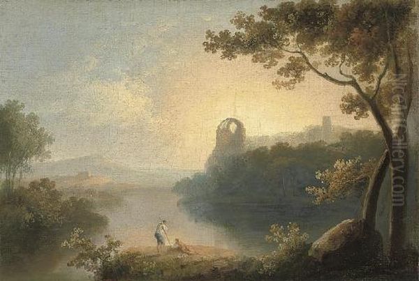 An Extensive Wooded River 
Landscape, With Figures And A Dog In The Foreground, Ruins Beyond Oil Painting by Richard Wilson