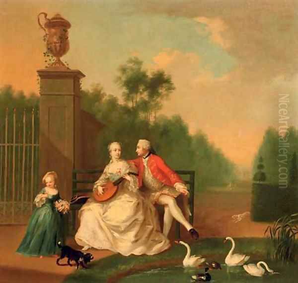 An elegant couple on a bench by a pond with swans and ducks, a girl by their side, in a park landscape Oil Painting by Johann Heinrich The Elder Tischbein