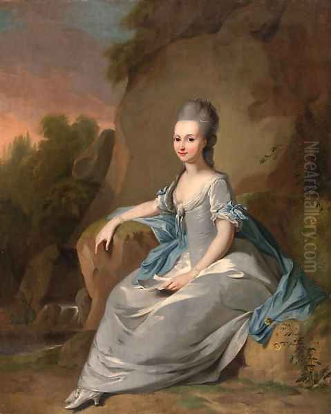 Portrait of a ladyfull-length, in a silver dress and a blue shawl Oil Painting by Johann Heinrich The Elder Tischbein