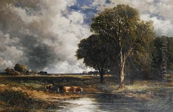 Cattle Watering In An Extensive Landscape Oil Painting by Edmund Morison Wimperis