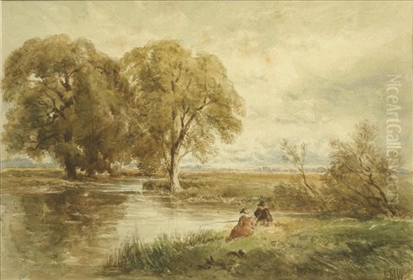 A River Landscape With Two Figures Fishing Oil Painting by Edmund Morison Wimperis