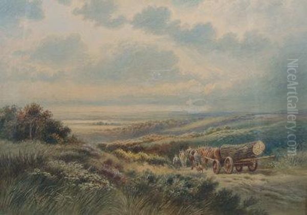 An Extensive View Of The South Downs With Loggers Removing A Trunk By Horse Drawn Cart Oil Painting by Edmund Morison Wimperis