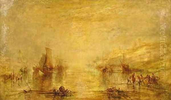 Fisherfolk on the beach with a castle beyond Oil Painting by Joseph Mallord William Turner