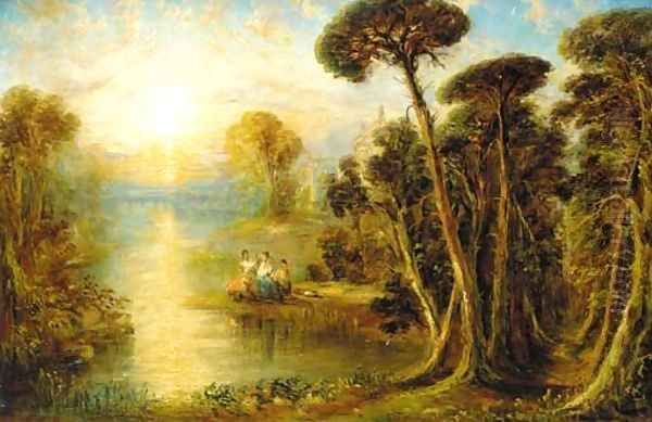 Ladies in a classical river landscape at sunset Oil Painting by Joseph Mallord William Turner