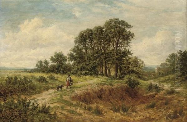 A Young Girl And Her Dog On A Country Track With A Villagebeyond Oil Painting by Edmund Morison Wimperis