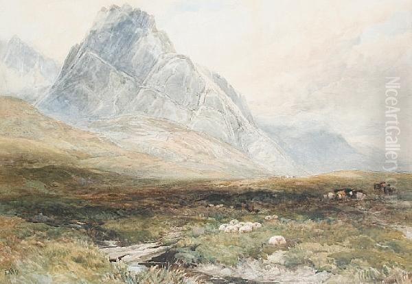 Sheep And Cattle In A Mountain Landscape Oil Painting by Edmund Morison Wimperis