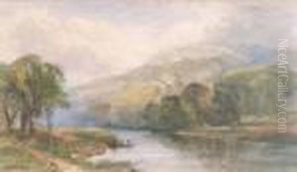 Figures On A Ferry Boat In A Mountainous River Landscape Oil Painting by Edmund Morison Wimperis