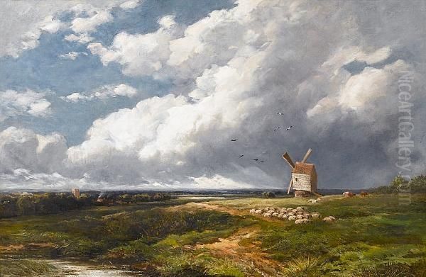 Windmill In A Country Landscape Oil Painting by Edmund Morison Wimperis