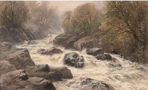 A Welsh Torrent Oil Painting by Edmund Morison Wimperis