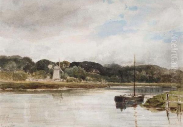 River Scene With Windmill Oil Painting by Edmund Morison Wimperis