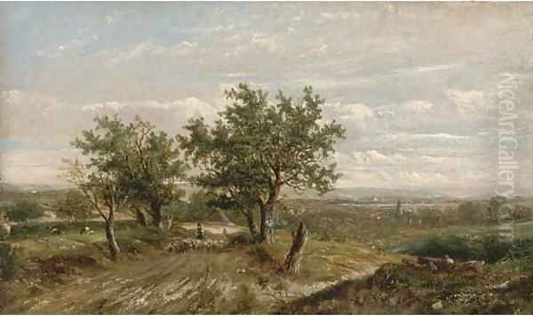 A shepherd and his flock on a country road Oil Painting by Joseph Thors