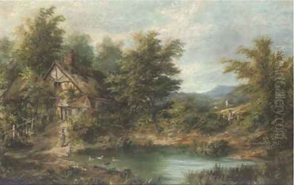 Figures by a pond, with a cottage beyond Oil Painting by Joseph Thors