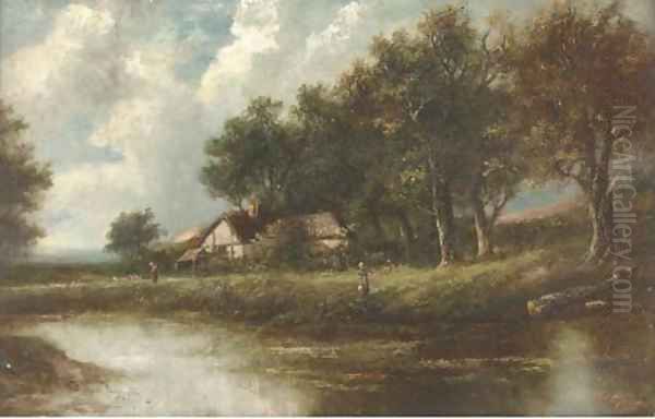 Figures by a river in a wooded landscape Oil Painting by Joseph Thors