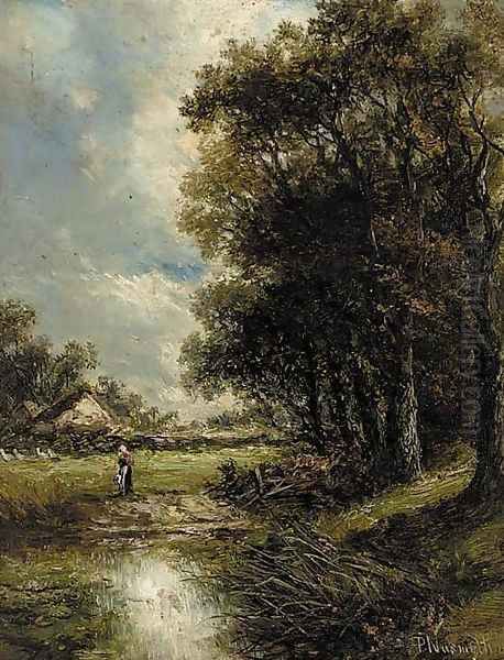 A figure by a pond in a wooded landscape Oil Painting by Joseph Thors