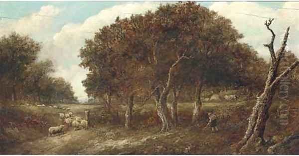 A shepherd with his flock in a wooded landscape Oil Painting by Joseph Thors