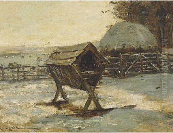 Farmyard With Sheep In A Snowy Pasture Oil Painting by James Lawton Wingate