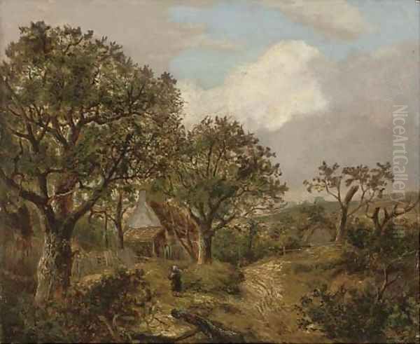 Figures on a wooded path before a cottage Oil Painting by Joseph Thors