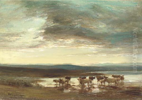 Cattle Watering Oil Painting by James Lawton Wingate