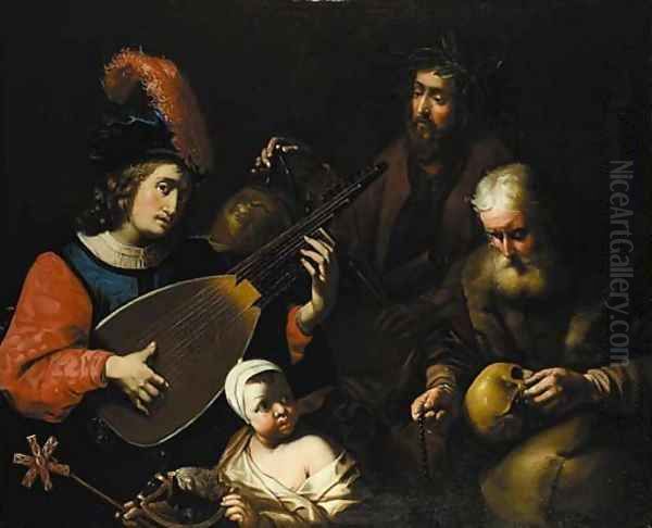 A young man playing a theorbo-lute Oil Painting by Nicolas Tournier