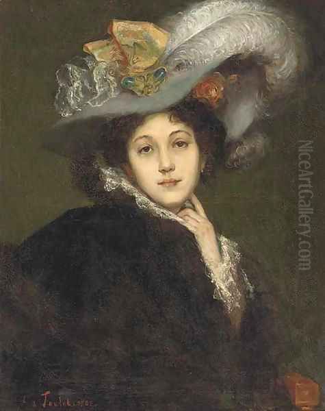 Elegante au chapeau Oil Painting by Jules Toulot