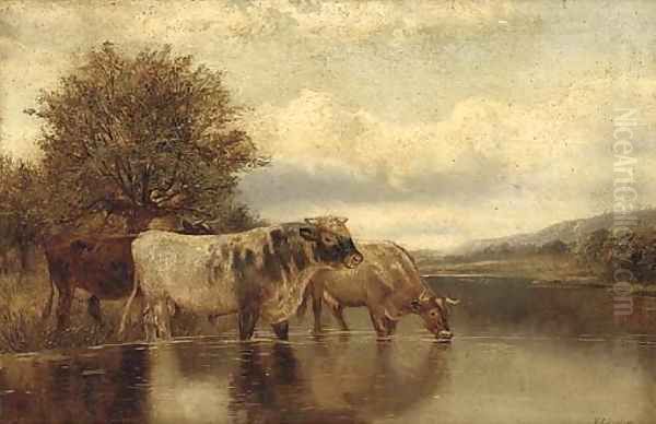 Cattle watering in a lake landscape Oil Painting by William Vivian Tippet