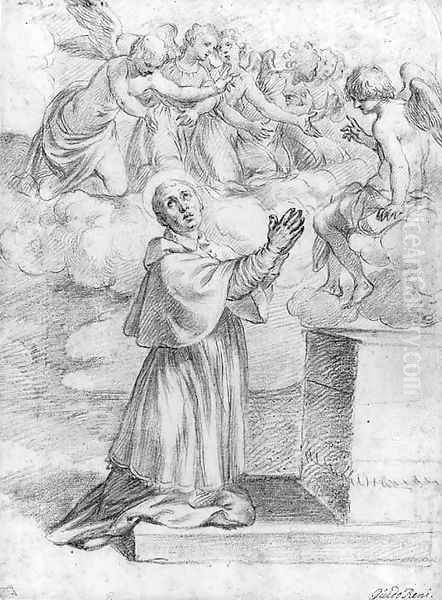 A Bishop Saint praying at an Altar with Angels above Oil Painting by Alessandro Turchi (Orbetto)