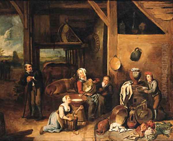 A peasant family in a barn with vegetables and kitchen utensils in the foreground Oil Painting by Gerard Thomas