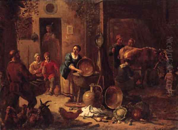 A peasant family in a farmyard with pots and pans, cabbages and poultry, a milkmaid in a stable beyond Oil Painting by Gerard Thomas