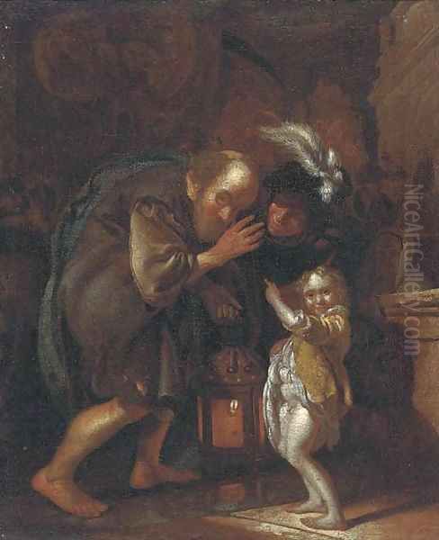 An old man holding a lantern, with a woman and child in an interior Oil Painting by Jacob Toorenvliet