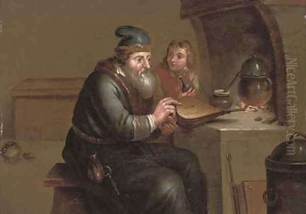 An alchimist with his apprentice by a fire Oil Painting by Jacob Toorenvliet