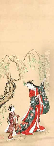 Courtesan hanging a poem slip on a willow branch Oil Painting by Kawamata Tsunetatsu