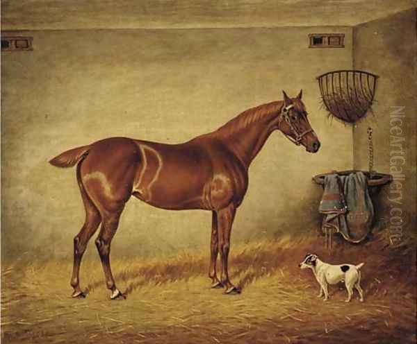 A chestnut racehorse and a Jack Russell in a stable Oil Painting by William Eddowes Turner