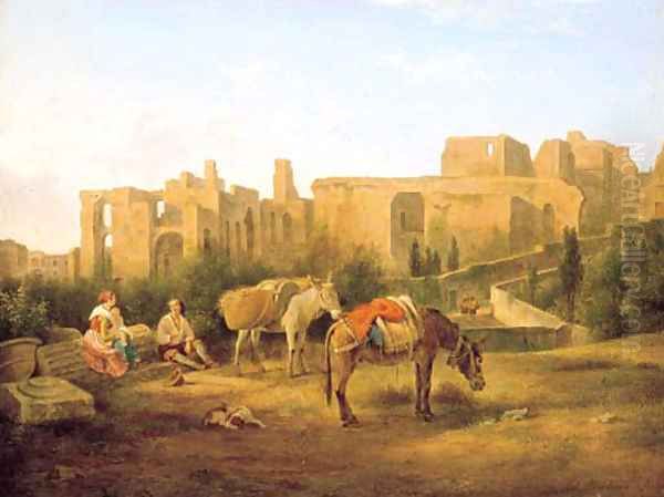 Figures resting before ruins Oil Painting by Abraham Alexandre Teerlink