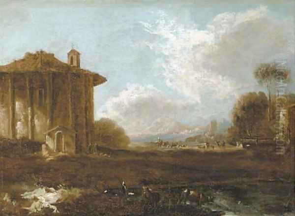 An Italianate landscape with figures strolling near a ruin of a classical temple Oil Painting by Carlo Antonio Tavella