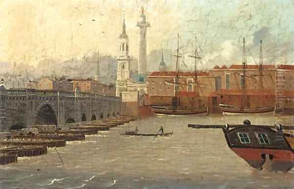 A view of the Thames at New London Bridge, St. Magnus The Martyr and The Monument beyond Oil Painting by Daniel Turner