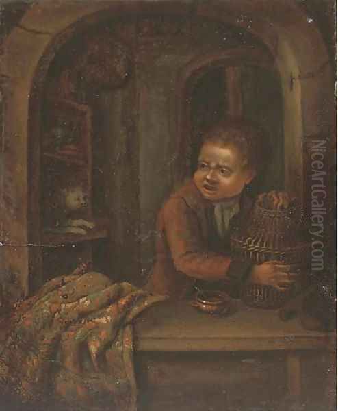 A boy with a birdcage at a casement Oil Painting by Dominicus van Tol