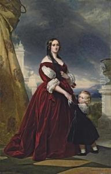 Portrait Of The Countesse Duchapel, Full-length, With Her Son Oil Painting by Franz Xavier Winterhalter