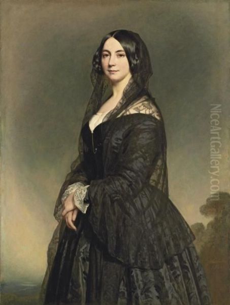 Portrait Of A Lady, 
Three-quarter-length, In A Black Dress With A Black Lace Veil, A 
Landscape Beyond Oil Painting by Franz Xavier Winterhalter