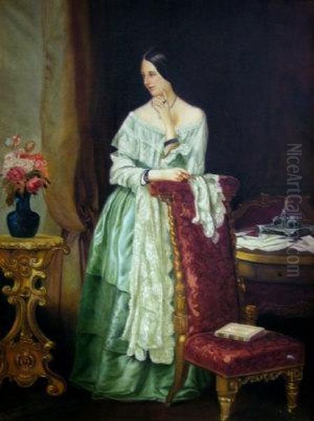 Portrait Of A Young Queen Victoria, Standing Fill-length In An Interior Oil Painting by Franz Xavier Winterhalter