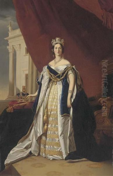 Portrait Of Queen Victoria, Small Full-length, In Coronationrobes Oil Painting by Franz Xavier Winterhalter