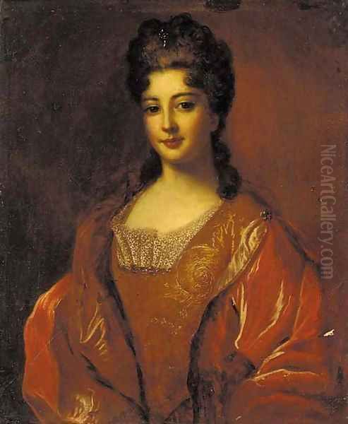 Portrait of a lady, half-length, in a gold brocade dress and red cloak Oil Painting by Francois de Troy